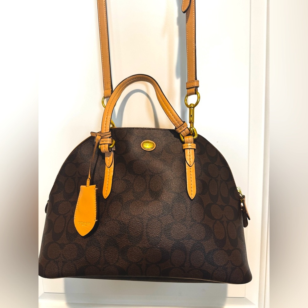 Coach Peyton Signature Dome Cora Leather Satchel - Brown and Tan